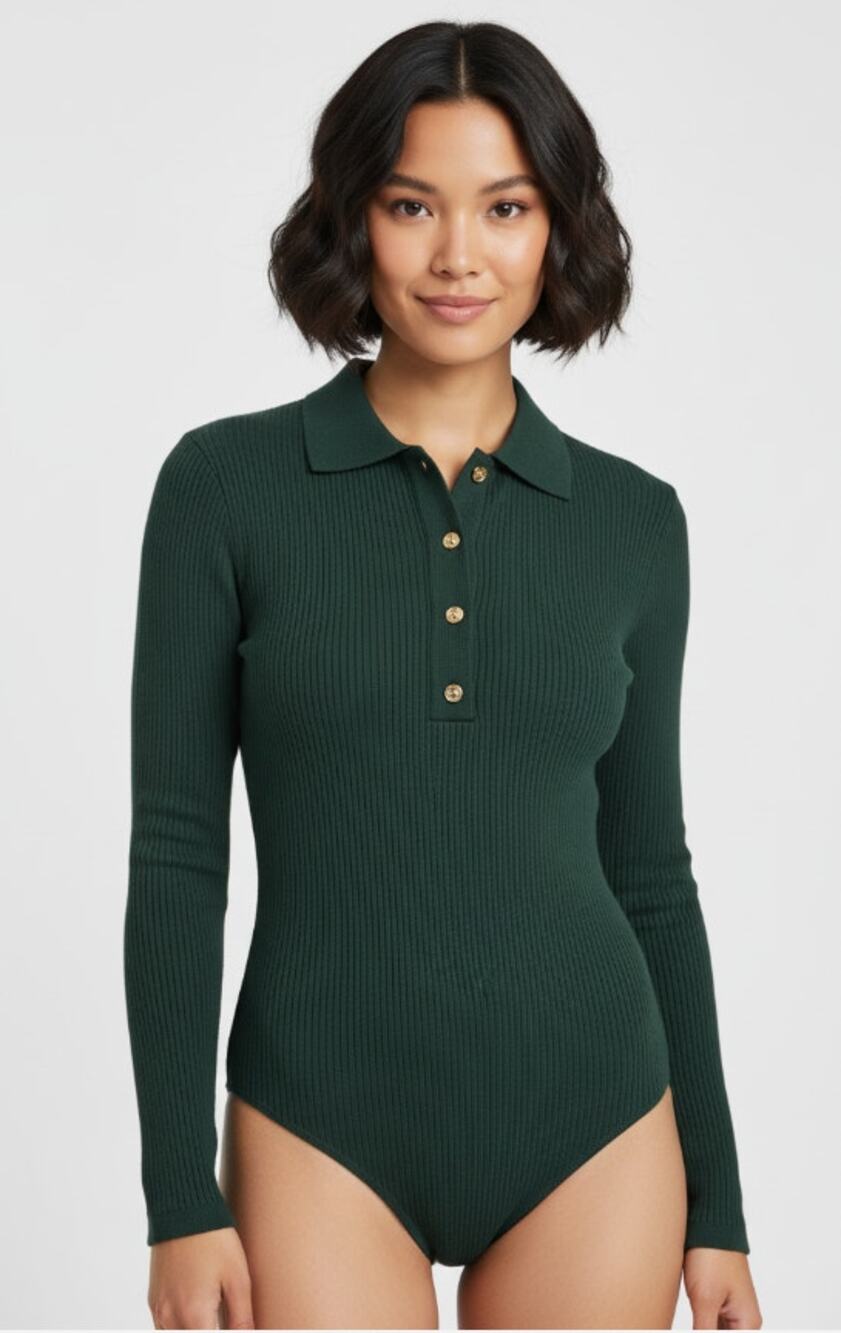 TENNE MADE IN ITALY WMNS LARGE SLIM KNIT BODYSUIT BUTTON COLLARED HUNTER GREEN